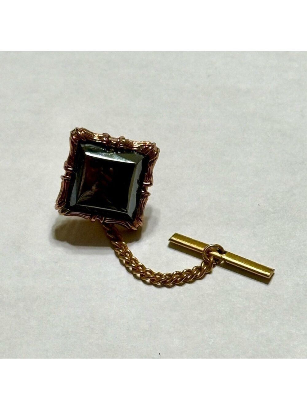 Vintage Men's Tie Tack Clasp Pin Chain Bar Clip Square Black Stone Gold Tone